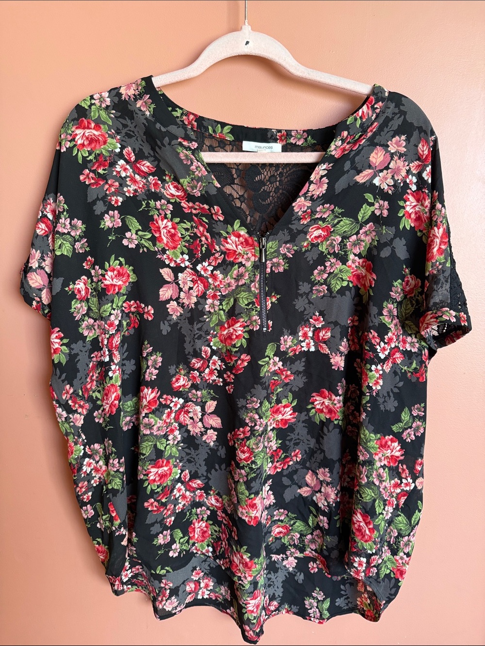 Maurices Black Floral Lace-Inset Zip Front Blouse
